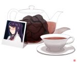  1girl blush collared_shirt cup finalcake jill_stingray medium_hair necktie pantyhose photo_(object) purple_eyes purple_hair red_necktie saucer shirt sidelocks simple_background sweat sweatdrop tea teacup teapot va-11_hall-a white_background white_shirt 