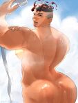  1boy ass bara black_hair character_request completely_nude facial_hair highres holding holding_shower_head large_pectorals male_focus muscular muscular_male nipples nude open_mouth pectorals satou_shouhei scar scar_on_face scar_on_nose short_hair shower_head showering solo tokyo_afterschool_summoners 