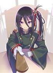  1girl arm_cutout black_hair buttons closed_mouth commentary_request double-breasted gloves green_jacket hair_ornament hand_on_table holding holding_stick jacket kurukuru_(p!) long_hair long_sleeves looking_at_viewer military_uniform on_chair purple_eyes shichiseiken_(tenka_hyakken) shoulder_boards side_ponytail smile solo star_(symbol) star_hair_ornament stick tenka_hyakken uniform upper_body white_gloves wide_sleeves 