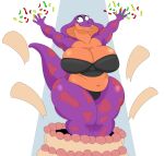  anthro big_breasts black_bottomwear black_clothing black_eyes black_topwear bottomwear breasts cake cleavage clothed clothing cobra confetti dessert eyelashes fangs female food hi_res huge_breasts keeshee navel open_mouth orange_body orange_scales overweight overweight_female pink_spots pop_out_cake purple_body purple_scales reptile scales scalie simple_background snake solo spots spotted_body spotted_scales teeth thick_thighs topwear trifuson white_background wide_hips 