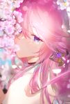  1girl absurdres bare_shoulders blurry bokeh cherry_blossoms cherrymaru collar commentary covered_mouth depth_of_field eyelashes genshin_impact hair_between_eyes hair_ornament highres lens_flare long_hair looking_at_viewer looking_to_the_side pink_hair portrait purple_eyes solo white_collar yae_miko 