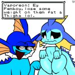  2023 ambiguous_gender black_sclera blue_body blue_tail bodily_fluids duo edgy_middle eeveelution english_text generation_1_pokemon hi_res nintendo open_mouth pokemon pokemon_(species) tail tears text thick_thighs vaporeon white_eyes wide_hips 