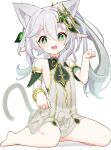  +_+ 1girl :d absurdres animal_ear_fluff animal_ears armlet armpit_crease bare_shoulders barefoot blush breasts cat_ears cat_girl cat_tail detached_sleeves dot_nose dress full_body genshin_impact green_eyes green_hair green_sleeves hair_between_eyes hair_ornament highres kemonomimi_mode looking_at_viewer multicolored_hair nahida_(genshin_impact) oishi_kuwagata open_mouth paw_pose pointy_ears short_dress short_sleeves side_ponytail sideboob sidelocks simple_background sitting sleeveless sleeveless_dress small_breasts smile solo streaked_hair tail teeth upper_teeth_only white_background white_dress white_hair 
