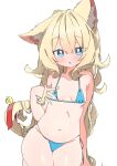  1girl :&lt; animal_ear_fluff animal_ears bare_arms bare_shoulders bell bikini blonde_hair blue_bikini blue_eyes blush breasts cat_ears cat_girl cat_tail commentary_request groin hair_between_eyes hand_up jingle_bell long_hair looking_at_viewer navel original parted_lips side-tie_bikini_bottom simple_background small_breasts solo swimsuit tail tail_bell tail_ornament uruti_2388 very_long_hair white_background 