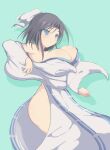  1girl bare_shoulders blue_eyes bouncing_breasts bow breasts cleavage grey_hair hair_bow highres japanese_clothes kimono large_breasts low_neckline obi sash senran_kagura senran_kagura_estival_versus senran_kagura_shinovi_versus short_hair simple_background solo thighs user_wgkw2257 white_bow white_kimono yumi_(senran_kagura) 