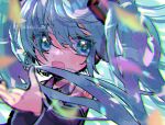  1girl blue_eyes blue_hair blue_nails blush chromatic_aberration detached_sleeves doradorakingyo eyelashes hatsune_miku headset long_hair looking_at_viewer nail_polish number_tattoo open_mouth shoulder_tattoo solo tattoo twintails twitter_username upper_body vocaloid 