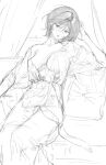  1girl bed breasts cleavage collarbone covered_nipples curtains greyscale hair_between_eyes hand_on_own_head indoors moaomao_mo monochrome original parted_lips pillow see-through short_hair sitting sketch solo unfinished 