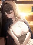  1boy 1girl black_jacket blush breasts brown_hair buttons cleavage closed_eyes collarbone collared_jacket dress grey_hair hair_between_eyes highres interior jacket large_breasts long_hair open_clothes open_jacket original piyopoyo sleeping sleeping_on_person sunset white_dress 