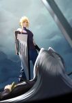 2boys bare_shoulders black_gloves black_jacket blonde_hair blue_eyes blue_pants blue_shirt blurry blurry_foreground cloud cloud_strife cloudy_sky eilinna final_fantasy final_fantasy_vii final_fantasy_vii_remake from_below fusion_swords gloves grey_hair hair_between_eyes holding holding_sword holding_weapon jacket long_hair lying male_focus masamune_(ff7) multiple_boys on_back outdoors pants parted_bangs planted planted_sword sephiroth shirt short_hair sky sleeveless sleeveless_turtleneck spiked_hair sword turtleneck weapon 