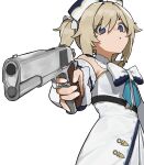  1girl aiming_at_viewer barbara_(genshin_impact) blonde_hair blue_eyes bow detached_sleeves dress drill_hair empty_eyes flasso genshin_impact gun hair_between_eyes handgun hat highres holding holding_gun holding_weapon long_hair looking_at_viewer m1911 parted_lips simple_background solo twin_drills twintails weapon white_background white_dress 