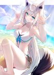  1girl absurdres ahoge animal_ear_fluff animal_ears armpits beach bikini blush braid breasts commentary_request double_fox_shadow_puppet dutch_angle fox_ears fox_girl fox_shadow_puppet fox_tail green_eyes hair_between_eyes highres hinatan_(hinatan_krnk) hololive knees_up long_hair looking_at_viewer ocean shirakami_fubuki sidelocks single_braid sitting small_breasts smile solo swimsuit tail virtual_youtuber white_bikini white_hair 