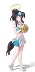  1girl absurdres animal_ears bare_shoulders beanowl black_hair blue_archive blunt_bangs blush breasts cheerleader cleavage collarbone crop_top dog_ears dog_girl dog_tail eyewear_on_head full_body halo hibiki_(blue_archive) hibiki_(cheerleader)_(blue_archive) highres holding holding_pom_poms long_hair looking_at_viewer medium_breasts midriff miniskirt navel official_alternate_costume pleated_skirt pom_pom_(cheerleading) purple_eyes shoes sidelocks simple_background skirt sleeveless sneakers solo standing star_sticker sticker_on_arm sticker_on_face stomach tail text_print thighs white_background white_footwear white_skirt yellow_halo 