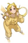  1girl :3 absurdres ahoge apopo blonde_hair bocchi_the_rock! closed_mouth cosplay drumsticks full_body highres holding holding_drumsticks ijichi_nijika long_hair looking_at_viewer pajamas pikachu pikachu_(cosplay) side_ponytail simple_background slippers solo standing white_background 