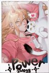  1girl 7hrang animal_hands cat cat_paws chainsaw_man character_name dated heart highres horns korean_commentary long_hair long_sleeves meowy_(chainsaw_man) pink_shirt power_(chainsaw_man) selfie shirt 