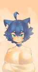  ahoge animal_humanoid big_breasts blue_eyes blue_hair blush blush_lines breasts cat_humanoid felid felid_humanoid feline feline_humanoid female hair hi_res huge_breasts humanoid mammal mammal_humanoid mostly_nude pincerpencil simple_background smile solo towel water 