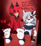  4_toes alastor_(hazbin_hotel) anthro bdsm bondage bound canid canine canis clothed clothing demon dialogue feet female foot_fetish foot_focus grin hair hazbin_hotel helluva_boss hi_res loona_(helluva_boss) magic mammal nervous plantigrade red_eyes restrained sitting smile soles tickle_fetish tickling tickling_feet toes white_hair wolf zorgy 