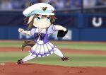  1girl animal_ears ball baseball baseball_mitt baseball_stadium blue_bow blue_eyes blush bow brown_hair cheval_grand_(umamusume) chibi expressionless hinata_yuu holding holding_ball horse_ears horse_girl horse_tail multicolored_hair pleated_skirt school_uniform skirt solo streaked_hair tail throwing tracen_school_uniform umamusume white_headwear 