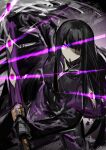  1girl black_gloves black_hair cigarette e.g.o_(project_moon) extra_eyes gloves highres jacket limbus_company long_hair long_sleeves looking_at_viewer nishikujic pants project_moon purple_jacket purple_pants red_eyes ryoshu_(limbus_company) sheath silk smoke solo spider_web sword unsheathing very_long_hair weapon 