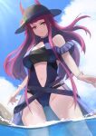  1girl black_headwear blue_sky bracelet closed_mouth clothing_cutout fire_emblem fire_emblem_engage fire_emblem_heroes hat highres ivy_(fire_emblem) ivy_(summer)_(fire_emblem) jewelry labebebe_lee long_hair looking_at_viewer navel ocean partially_submerged purple_eyes purple_hair sky solo swimsuit water 