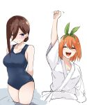  2girls :d absurdres alternate_hairstyle arm_up arms_behind_back bare_shoulders blue_eyes blue_one-piece_swimsuit blush breasts brown_hair cleavage clenched_hand closed_eyes closed_mouth commentary_request cowboy_shot curvy eyebrows_hidden_by_hair furrowed_brow go-toubun_no_hanayome green_ribbon hair_between_eyes hair_over_one_eye hair_ribbon highres japanese_clothes kimono large_breasts long_hair long_sleeves looking_to_the_side mame1645 multiple_girls nakano_miku nakano_yotsuba one-piece_swimsuit open_mouth orange_hair partially_submerged ribbon round_teeth school_swimsuit shy siblings simple_background sisters smile standing straight_hair swimsuit teeth thighs twins upper_teeth_only v-shaped_eyebrows victory_pose white_background white_kimono wide_sleeves 