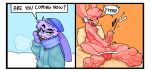  2_panel_comic absurd_res anthro balls bodily_fluids cheek_tuft chest_tuft clothing cum cumshot dialogue duo ejaculation english_text erection facial_tuft genital_fluids genitals hi_res humanoid_genitalia humanoid_penis humor jockstrap lagomorph leporid male mammal masturbation orgasm penile penile_masturbation penis rabbit speech_bubble text tuft underwear vein veiny_penis xing1 