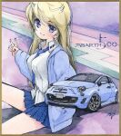  1girl abarth between_breasts blue_hoodie blue_necktie blue_skirt border breasts brown_border car collared_shirt error fiat_500 fiat_500_abarth grey_shirt head_tilt hi_fumiyo highres hood hood_down hoodie italian_flag long_hair looking_at_viewer medium_breasts motor_vehicle necktie necktie_between_breasts original personification pleated_skirt shadow shirt signature skirt smile solo traditional_media v vehicle_and_personification vehicle_name very_long_hair 