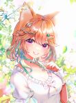  1girl animal_ears blurry blush bokeh cat_ears cat_girl choker depth_of_field hair_ornament hairclip highres hololive hololive_english light_rays long_hair looking_at_viewer multicolored_hair orange_hair purple_eyes shirt smile sowon streaked_hair sunbeam sunlight takanashi_kiara teeth virtual_youtuber white_shirt wrist_cuffs 