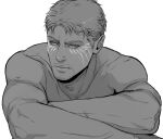  1boy bara blonde_hair brauniesb crossed_arms facial_mark goatee_stubble greyscale highres looking_at_viewer male_focus mature_male monochrome muscular muscular_male mustache_stubble nude reiner_braun shingeki_no_kyojin short_hair solo spoilers spot_color upper_body yellow_eyes 