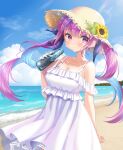  1girl beach blue_hair blue_nails blue_ribbon blue_sky blush bottle breasts cleavage cloud colored_inner_hair commentary_request dress frilled_dress frills hair_ribbon hat hibidari highres holding holding_bottle hololive large_breasts long_hair minato_aqua multicolored_hair nail_polish pink_hair purple_eyes ribbon sand sky solo straw_hat sundress twintails two-tone_hair virtual_youtuber white_dress 