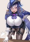  1girl angry ascot blue_hair blue_headwear breasts button_gap chushou_jiang clorinde_(genshin_impact) epaulettes genshin_impact gloves hand_on_own_hip hat highres huge_breasts leaning_forward long_hair open_mouth pantyhose pencil_skirt purple_ascot purple_eyes skindentation skirt solo table thigh_strap tricorne v-shaped_eyebrows very_long_hair vision_(genshin_impact) white_gloves 