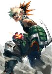  1boy arm_at_side armpit_peek bakugou_katsuki black_footwear black_pants black_tank_top blonde_hair blurry blurry_foreground boku_no_hero_academia boots combat_boots commentary debris detached_sleeves dust explosive eye_mask feet_out_of_frame from_side furrowed_brow gloves glowing glowing_hand green_gloves grenade hand_up headgear highres imminent_explosion knee_boots knee_pads leaning_forward looking_to_the_side male_focus open_mouth pants red_eyes rock sanpaku sanwood_mori short_hair sideways_mouth sleeveless smile solo spiked_hair standing tank_top turning_head two-tone_gloves 