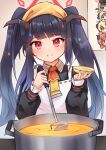  5girls :d akari_(blue_archive) apron black_hair blonde_hair blue_archive blue_eyes blunt_bangs chibi chibi_inset commentary_request cooking cooking_pot demon_girl demon_horns frilled_apron frills fuuka_(blue_archive) grey_eyes grey_hair hair_between_eyes haruna_(blue_archive) hat highres holding holding_ladle holding_plate horns izumi_(blue_archive) junko_(blue_archive) ladle long_hair long_sleeves multiple_girls ohbuya peaked_cap peeking_out plate red_eyes red_hair school_uniform serafuku sidelocks simple_background single_wing smile solo_focus twintails wings yellow_headwear 