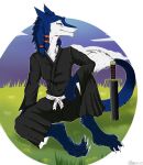  2020 anthro barefoot belt blue_body blue_fur claws clothed clothing cloud cloudscape feet fur grass hi_res katana looking_away male marcushunter melee_weapon mouth_closed outside plant robe seiji_(seiji_the_sergal) sergal signature sitting sky solo sword sword_in_ground tail tail_tuft toe_claws tuft weapon 