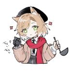  1girl animal_ear_fluff animal_ears arknights black_headwear black_necktie brown_coat cat_ears closed_mouth coat cropped_torso green_eyes hat holding holding_ladle inu_to_milk ladle long_sleeves looking_at_viewer mousse_(arknights) mousse_(campfire_cooking_smoke)_(arknights) multicolored_hair necktie official_alternate_costume open_clothes orange_hair red_scarf scarf shirt short_hair smile solo two-tone_hair white_hair white_shirt 