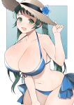  1girl alternate_breast_size alternate_hairstyle bikini blue_bikini blush breasts brown_headwear cleavage commission flower green_eyes green_hair hand_on_headwear hat hat_flower highres huge_breasts irako_(kancolle) kantai_collection long_hair looking_at_viewer open_mouth simple_background skeb_commission solo swimsuit toriniku_senshi_chikinman twintails 