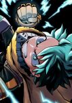  1boy absurdres aqua_eyes aqua_hair black_background blue_gloves blurry bodysuit boku_no_hero_academia bright_pupils cape clenched_hand clenched_teeth close-up commentary electricity floating_cape floating_hair freckles furrowed_brow gloves glowing green_bodysuit hand_up highres hiro_illust11 horikoshi_kouhei_(style) incoming_attack incoming_punch looking_at_viewer male_focus midair midoriya_izuku official_alternate_costume official_style punching serious short_hair sideways simple_background solo spoilers teeth upper_body v-shaped_eyebrows white_gloves yellow_cape 