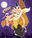  1girl absurdres animal_ears architecture bare_arms bow bowtie building east_asian_architecture fate/samurai_remnant fox_ears fox_tail frills full_moon highres jumping kine looking_at_viewer mallet moon navel night night_sky one_eye_closed pink_hair playboy_bunny rabbit_ears ribbon shiny_skin sky sound_effects star_(sky) starry_sky tail tamamo_(fate) tamamo_aria thick_eyebrows trembling_hands_art white_footwear yellow_eyes yellow_ribbon 