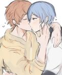  2boys absurdres aoyagi_touya arm_around_waist blue_hair blush closed_eyes closed_mouth commentary drawstring earrings english_commentary grey_eyes heart highres hood hoodie jewelry juicelooped kiss long_sleeves male_focus mole mole_under_eye multiple_boys orange_hair project_sekai shinonome_akito short_hair sleeves_past_elbows upper_body white_background yaoi yellow_hoodie 