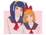  2girls :3 alternate_hairstyle arms_behind_back blue_eyes blue_hair bow commentary hair_bow hair_ornament hair_scrunchie hairstyle_switch hanpetos height_difference long_hair multiple_girls orange_eyes orange_hair pipimi polka_dot polka_dot_background poptepipic popuko school_uniform scrunchie serafuku sidelocks smile twintails 
