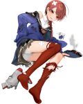  1girl ass boots braid full_body hand_fan hood hooded_jacket hoshiakari_(c2_kikan) jacket kantai_collection legs long_hair long_sleeves nevada_(kancolle) official_art red_eyes red_hair sailor_collar school_uniform shirt solo thighhighs transparent_background white_shirt 