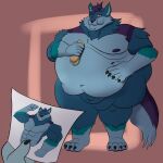  anthro belly belly_overhang big_belly blue_body blue_fur canid canine canis chubby_anthro chubby_male eating fat_rolls food fur hi_res hidden_penis male mammal mephyboy muscular muscular_male nipples nude obese obese_anthro obese_male overweight overweight_anthro overweight_male photo sandwich_(food) simple_background weight_gain wolf yukon 