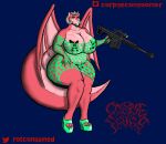  absurd_res anthro big_breasts big_butt breasts butt clothing dragon ember_(oc) female footwear green_body gun hi_res high_heels horn pink_body ranged_weapon rifle scalie sniper_rifle solo thick_thighs weapon wings 