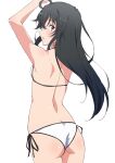  1girl ahoge arms_up ass back bikini black_hair blue_eyes breasts from_behind highres long_hair looking_back parted_lips shou937 side-tie_bikini_bottom simple_background small_breasts solo swimsuit white_background white_bikini yahari_ore_no_seishun_lovecome_wa_machigatteiru. yukinoshita_yukino 