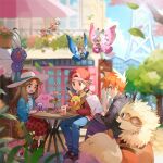  1girl 2boys :t alternate_costume arcanine bird blue_oak blurry boots brown_hair butterfree chair commentary_request crossed_legs day depth_of_field ditto eating falling_leaves fletchling hair_flaps hat huan_li leaf leaf_(pokemon) long_hair multiple_boys outdoors pants pikachu plaid plaid_skirt pokemon pokemon_(creature) pokemon_(game) pokemon_frlg purple_pants red_(pokemon) red_headwear red_skirt shoes sidelocks sitting skirt sun_hat table tree vivillon 