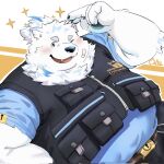  2023 anthro belly big_belly black_nose canid canine canis clothing cute_fangs domestic_dog fur hi_res humanoid_hands kemono lifewonders live_a_hero male mammal one_eye_closed overweight overweight_male shirt simple_background solo topwear white_body white_fur wink yohack yuyuitudou 