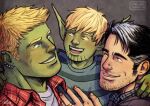  3boys bad_id bad_tumblr_id bara beard_stubble black_hair blonde_hair blue_eyes colored_skin couple cris_art ear_piercing eye_contact family father_and_son green_skin hulkling ips_cells long_sideburns looking_at_another male_child male_focus marvel multicolored_hair multiple_boys piercing pointy_ears short_hair sideburns streaked_hair thick_eyebrows upper_body white_hair wiccan yaoi 