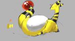  2023 ampharos belly big_belly digital_drawing_(artwork) digital_media_(artwork) feral generation_2_pokemon grey_background hi_res looking_at_viewer looking_back lying nintendo on_back pokemon pokemon_(species) question_mark raster_dreams simple_background solo solo_focus tail white_belly yellow_body 