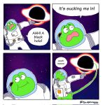  amphibian anthro badphroggy black_hole comic frog genitals hi_res humor long_penis male penis space spacesuit 