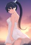  1girl absurdres ass azuki-iro back bare_arms bare_shoulders black_hair blue_eyes bottomless breasts closed_mouth covered_nipples dress evening gradient_sky hair_ribbon high_ponytail highres houshou_(kancolle) kantai_collection long_hair looking_at_viewer neck_ribbon no_bra no_panties orange_sky outdoors purple_sky red_ribbon ribbon signature sky sleeveless sleeveless_dress small_breasts solo spaghetti_strap sundress sunset white_dress white_ribbon 