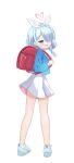  1girl arona_(blue_archive) backpack bag blue_archive blue_eyes blue_hair blue_shirt blush braid commentary_request efu_(ehutan) flat_chest full_body hair_over_one_eye hair_ribbon half-closed_eyes heart highres holding_strap legs light_blue_hair long_sleeves looking_back miniskirt multicolored_hair pink_hair randoseru red_bag ribbon shirt shoes short_hair skirt smile smug sneakers solo standing thighs two-tone_hair white_background white_footwear white_ribbon white_skirt 